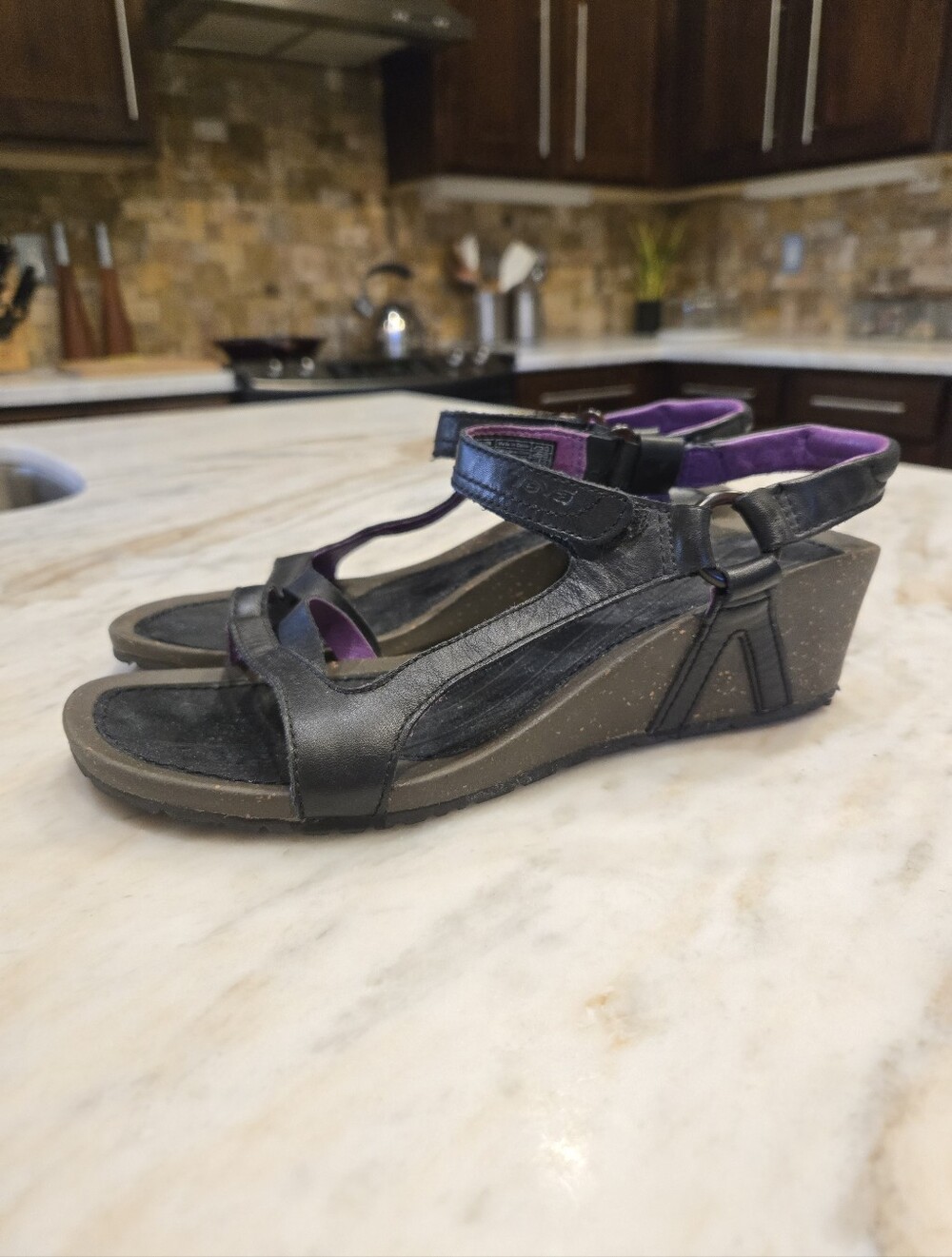 Teva Cork Wedge Sandals in Black Leather with Purple Lining- EUC